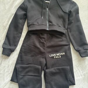 SHEIN Black “Love Never Fails” hoodie and jogger set